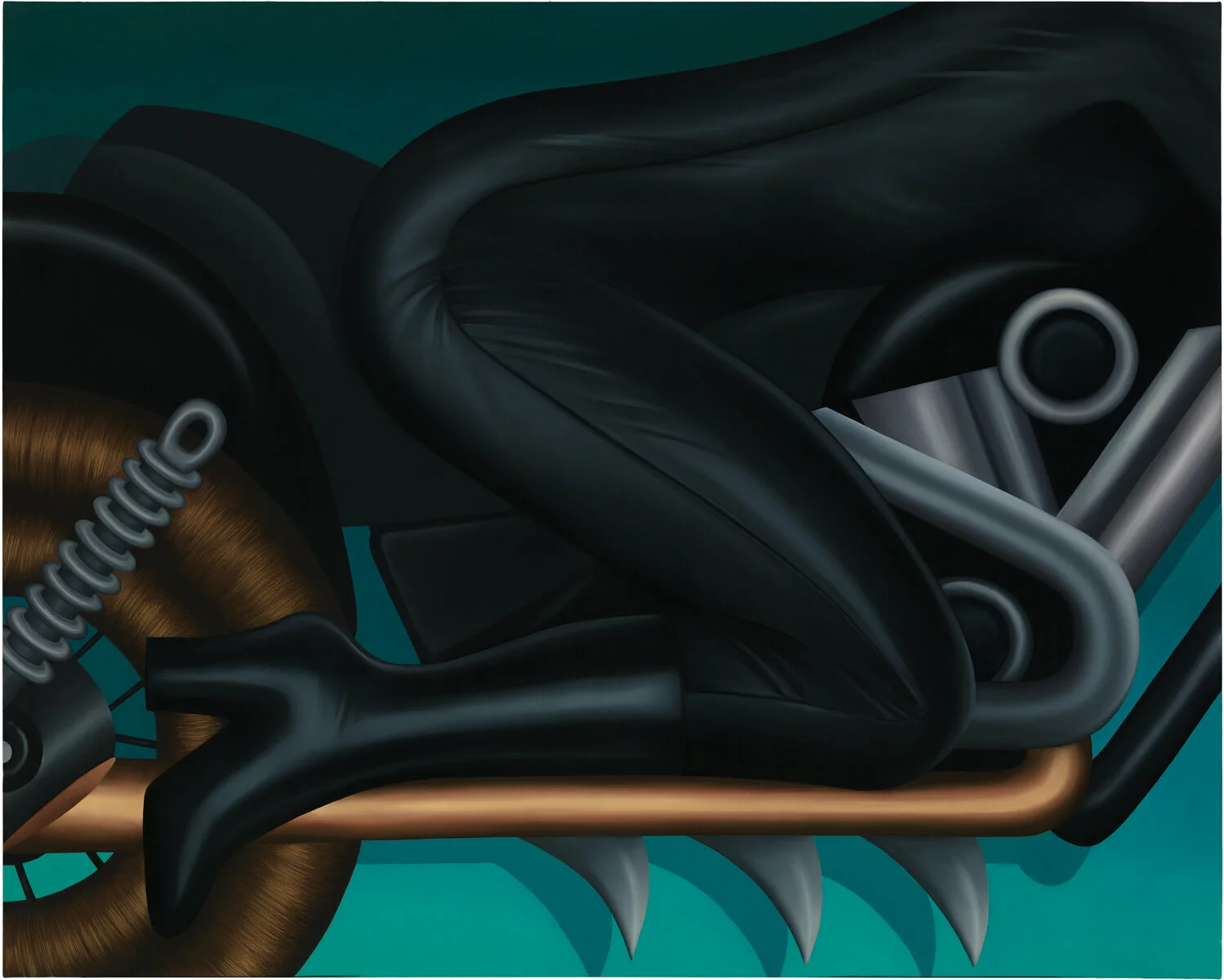 A very stylized painting of the torso and legs of female-like figure on a bike, viewed from close-up.