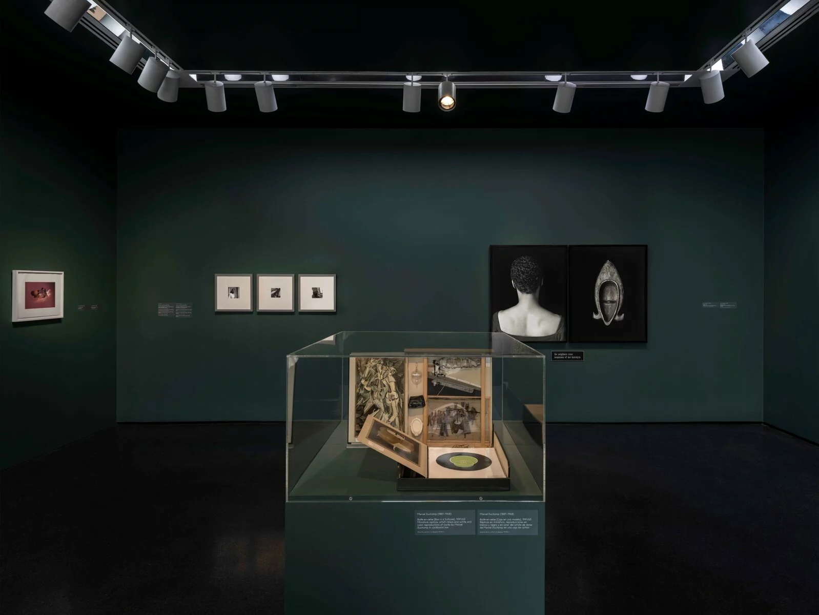 A dark blue gallery has several works on view in display cases on the floor and hung on the wall.