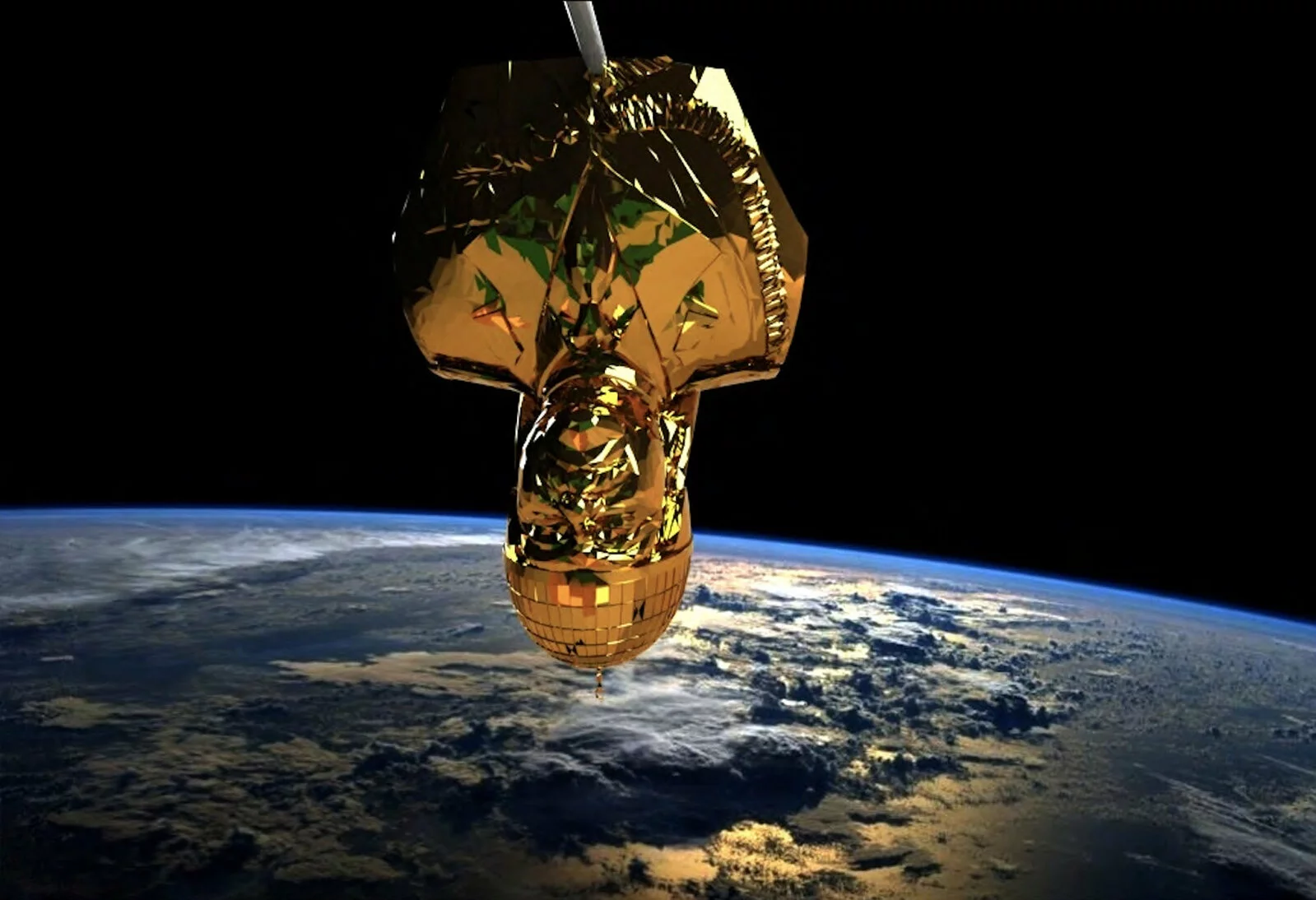 Closeup view of a gold bust of Saddam Hussein hanging upside down in outer space above the Earth