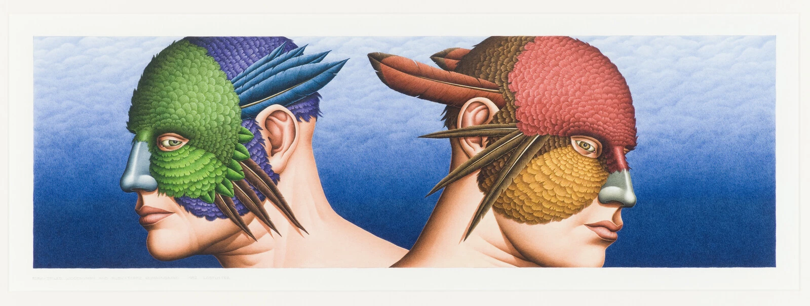 Drawing of two people with light, cream-toned skin facing in either direction against a blue background that fades vertically. Both wear bird-like masks, one green and one red.