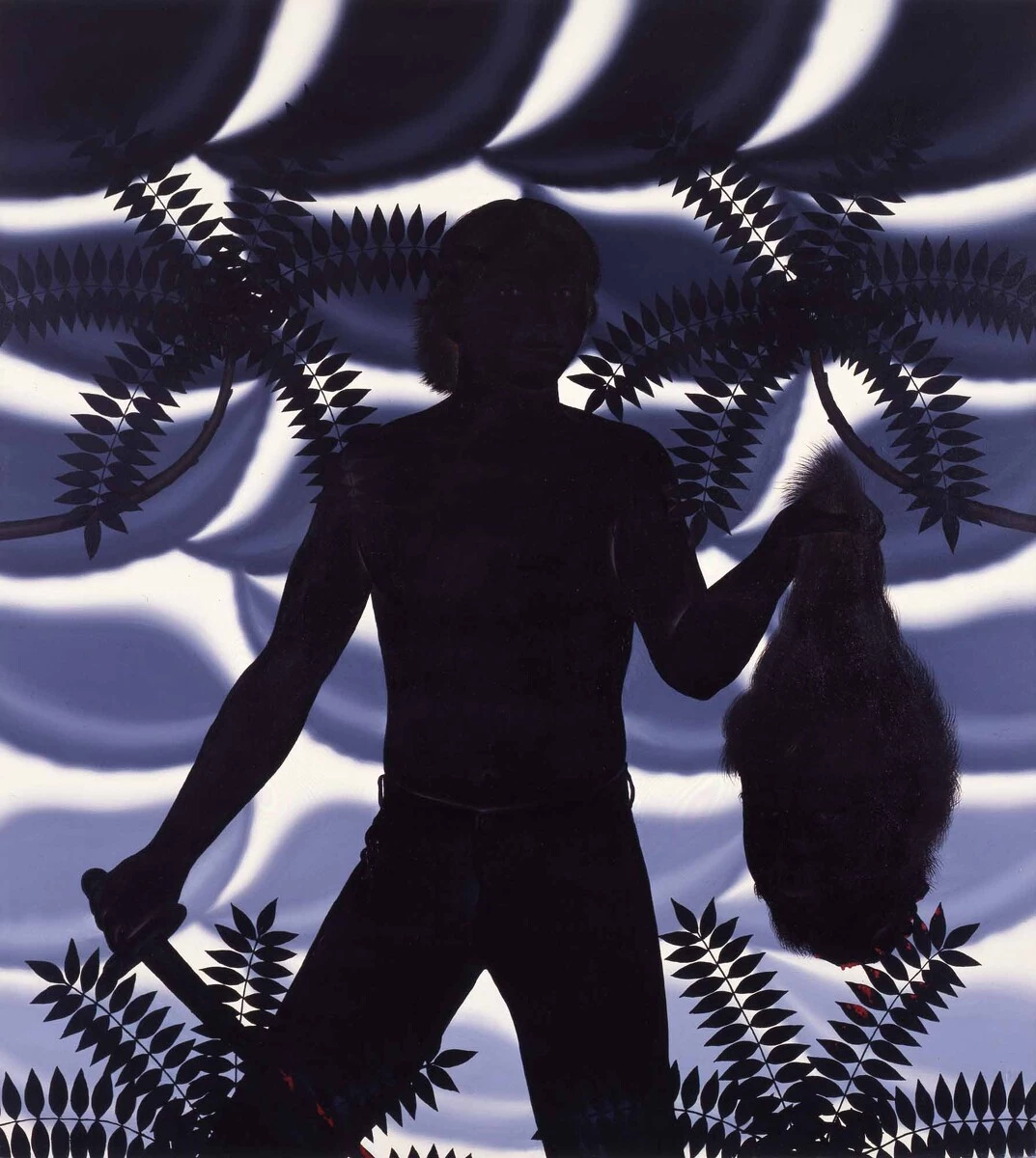 Dark illustration of a silhouette holding a large item in their left hand against a background of blue abstract waves and fern-like plants