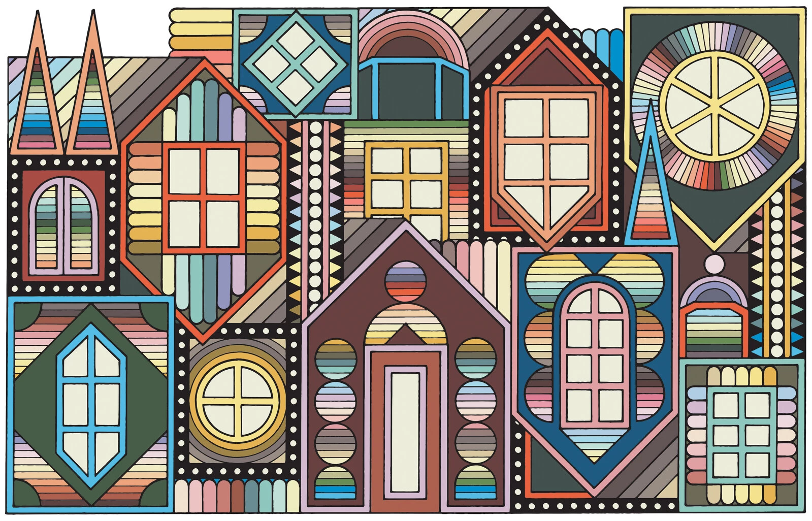 A series of stylized, colorful windows