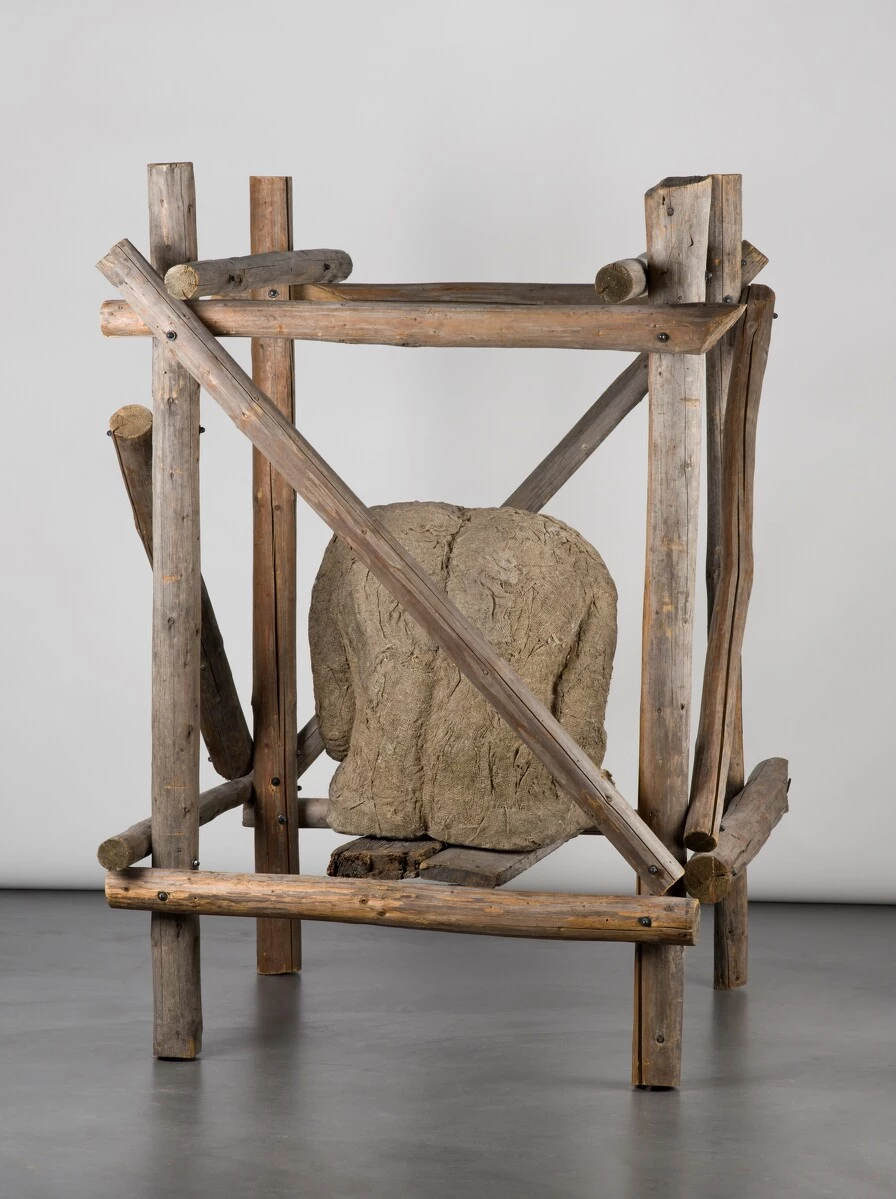 Magdalena Abakanowicz, <em>Cage</em>, 1981. Burlap, glue, and wood; 66 × 46 × 61 in. (167.6 × 116.8 × 155 cm). Collection Museum of Contemporary Art Chicago, Gift of Ralph I. and Helyn D. Goldenberg, 1982.37.a-b. © 1981 Magdalena Abakanowicz. Photo: Nathan Keay, © MCA Chicago. 2025/04/1982_37_a_b_v2.jpg 