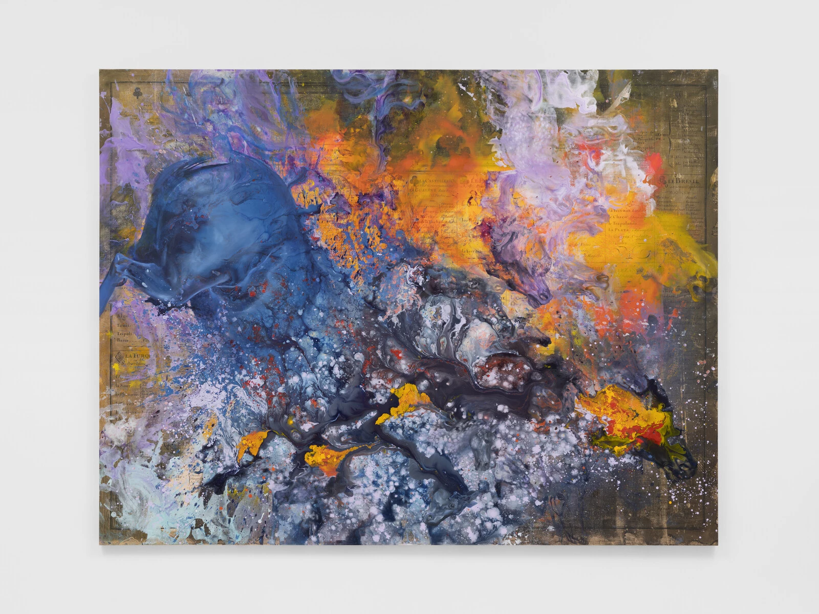 Firelei Báez, <em>Untitled (Les tables de géographie réduites en un jeu de cartes)</em>, 2022. Oil, acrylic, and inkjet on canvas; 82 3/8 × 105 ¾ in. (209.2 × 268.4 cm). Collection of Deborah Beckmann and Jacob Kotzubei. Courtesy the artist and Hauser & Wirth, New York. © Firelei Báez. Photo: Jackie Furtado. 2025/10/85_FB_Untitled-Les-tables-de-geographie-reduites-en-un-jeu-de-cartes.jpg 